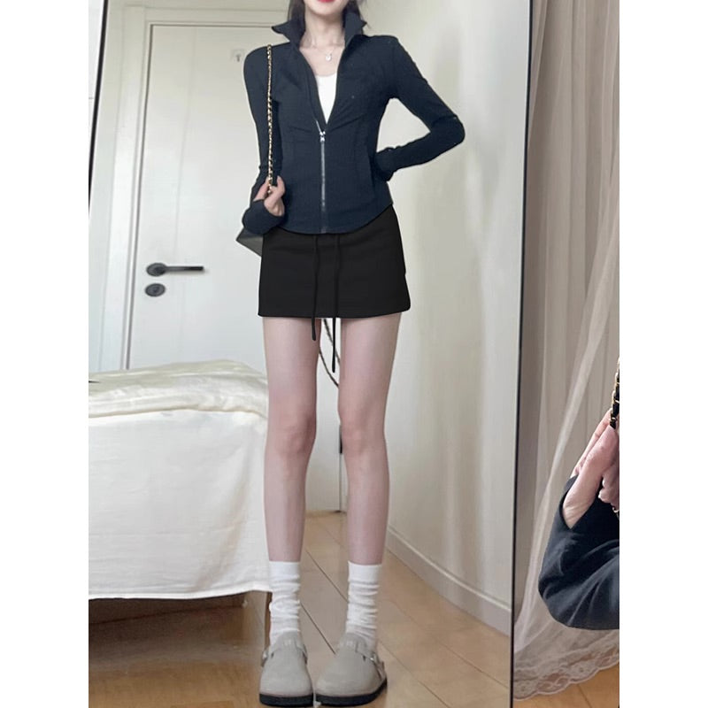 High-Waist Pleated Skort with Drawstring – With Built-In Safety Shorts